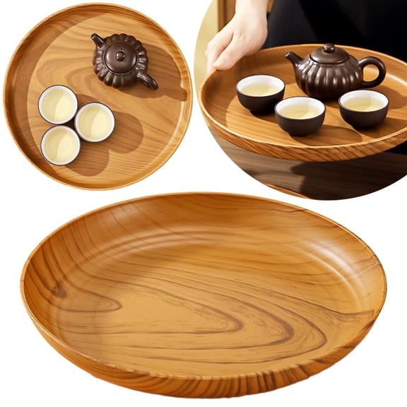Zoowood Japanese Tea Serving Tray Round Wood Grain Plastic Tray for Coffee Table Ottoman Cup Plate C 25x25