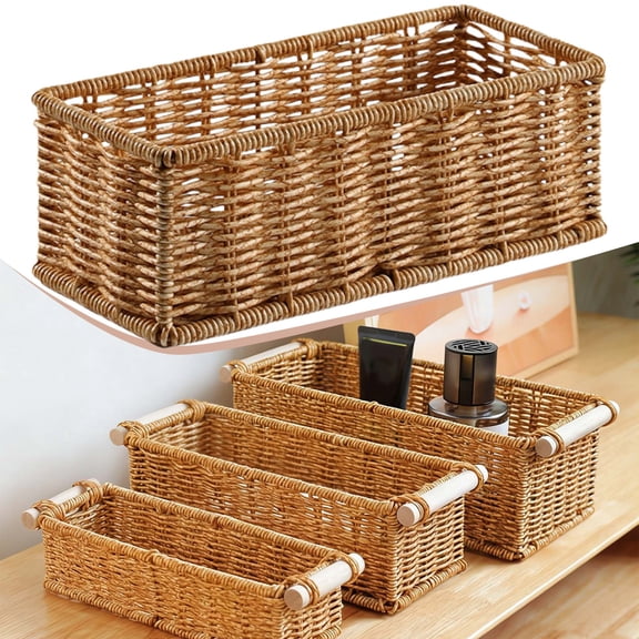 Zoowood Wicker Basket Rattan Storage Basket Rectangular Decorative Woven Basket for Shelves Snacks Desktop and Bathroom Organization