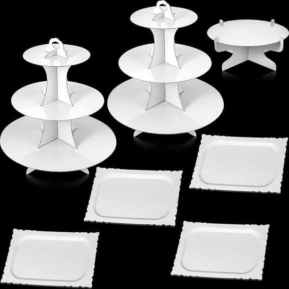 Zopeal 7 Pcs Dessert Table Display Set 3-Tier Cupcake Stand 1-Tier Cup Cake Display Tower Platters and Serving Trays Cardboard Cake Cookie Holders for Wedding Birthday Party Baby Shower(Laser Silver)