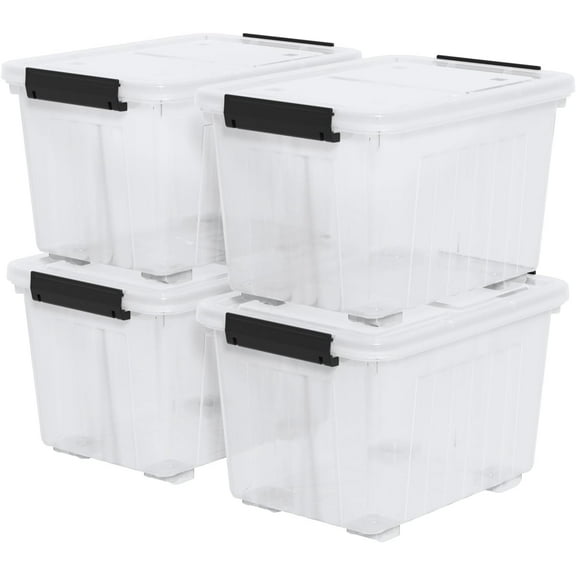 Zopnny 30 Quart Plastic Stacker Box, Large Storage Bin Container with Latching Lids and Wheels for Home and Garage Organizing, Shoes, Tools, Clear Base, 4-Pack