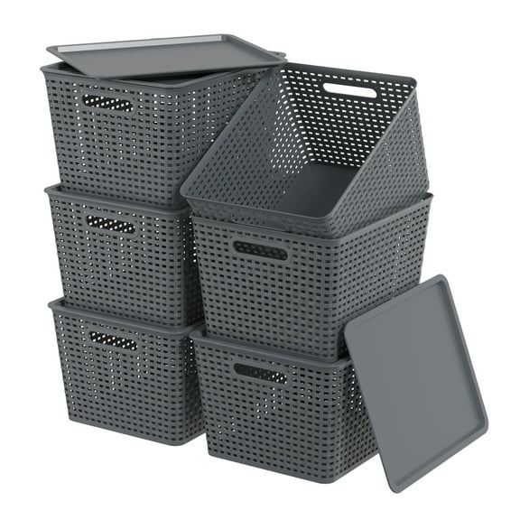 Zopnny Plastic Storage Baskets with Lid, Stackable Storage bins for Organizing Shelves Drawers Desktop Closet Playroom Classroom Office, 6 Pack, 20 Quart