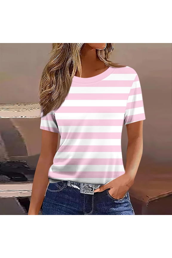 Blouses for Women Striped Tunics Tops Casual Short Sleeve Round Neck Trendy Womens Shirts