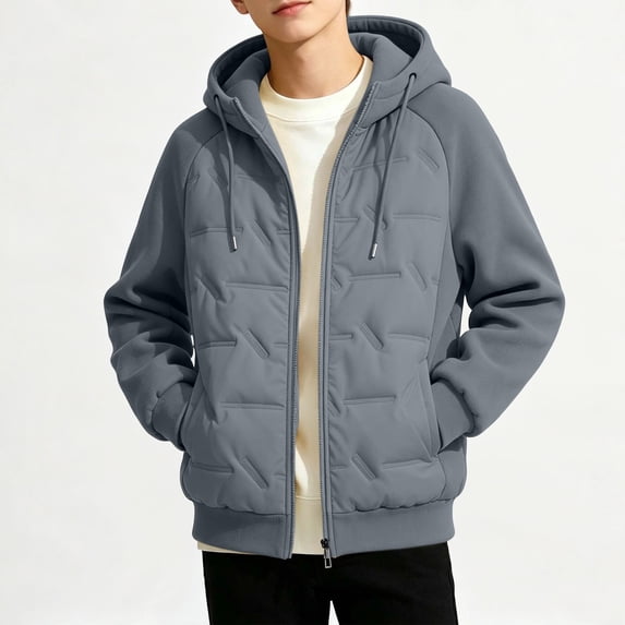Zorckvet Boys' Dark Gray Hybrid zip-up hooded jacket combining quilted padded front panel with soft fleece sleeves hood and sides. Full front zipper closure Outerwear Jackets for Big Kids