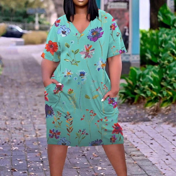 Zorckvet Dresses for Women Plus Size A Line Short Sleeve Summer Loose Floral Print V Neck Womens Dress Fashion