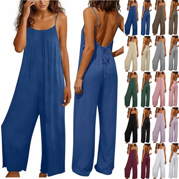 Zorckvet Dressy Jumpsuits for Women Fashion and Casual Solid Color Cold Shoulder Jumpsuit Solid Suspender Jumpsuits Wide Leg Pant