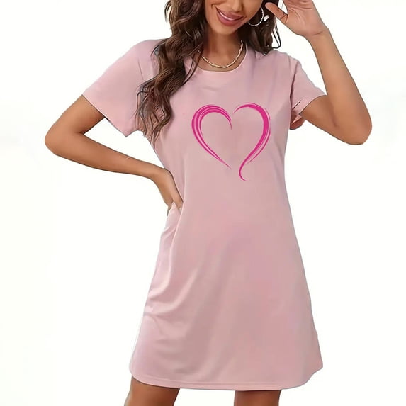 Zorckvet Dressy Nightgowns for Women Soft Heart Print Sleepshirts Plus Size Crewneck Short Sleeve Womens Nightshirts Comfortable