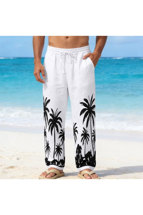 Elastic Waist Pants for Men Beach with Pockets Hawaii Casual Flax Mens Pant