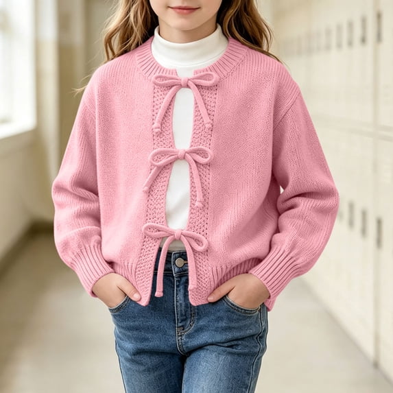 Zorckvet Girls' Cardigan Crew Neck Sweaters for Little Kids with Ribbed Cuffs