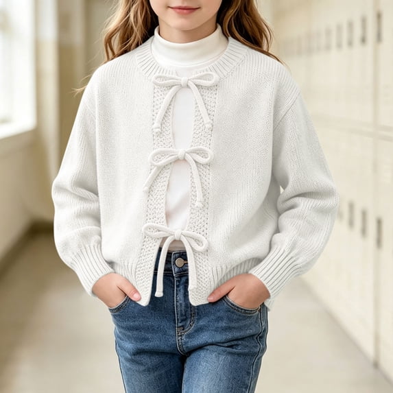 Zorckvet Girls' Cardigan Crew Neck Sweaters for Little Kids with Ribbed Cuffs