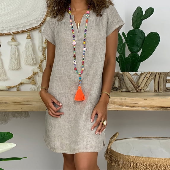 Zorckvet Loose Dresses for Women Short Sleeve Plus Size Summer Boho Beach Womens Dress Cotton Linen