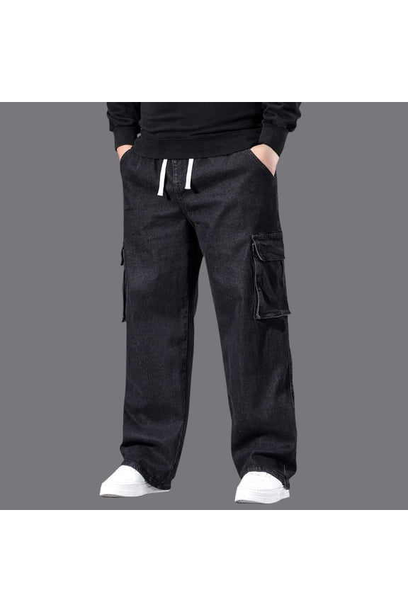 Mens Elastic Waist Pants Cargo Loose Casual with Pockets Big and Tall Mens Black Pant