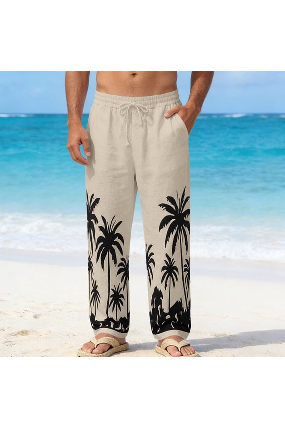 Mens Elastic Waist Pants with Pockets Beach Flax Casual Hawaii Khaki Pant for Men
