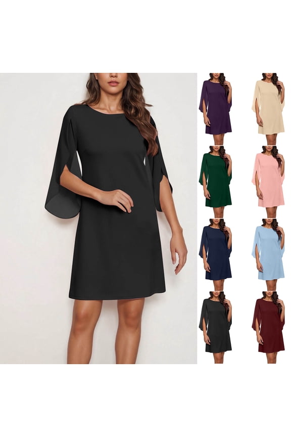 Mid Length Dresses for Women Crewneck Dressy Fashion Soft Flowy Short Sleeve Womens Dress A Line
