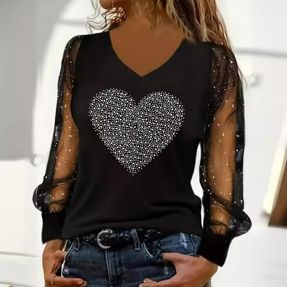 Zorckvet Plus Size Tops for Women Valentine's Day Long Sleeved Mesh Sequined Splicing Together V Neck Tops Black 3XL
