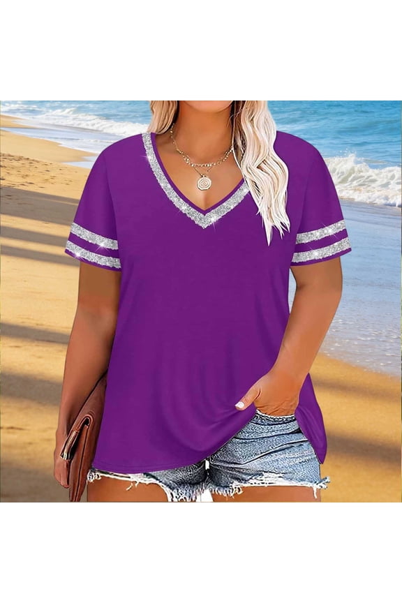 Short Sleeve Shirts for Women Tops Trendy Color Block Plus Size Tunic Ladies Blouses Casual