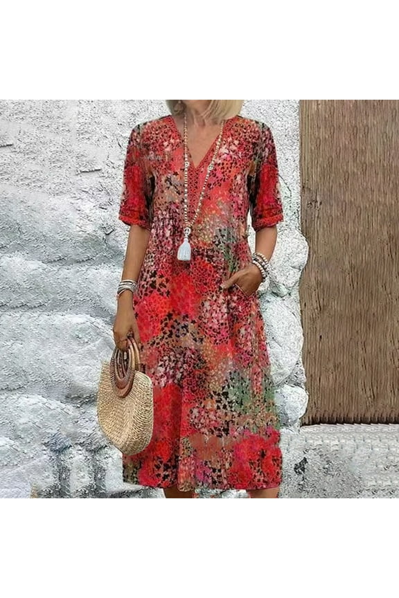 Summer Dresses for Women Vacation Boho Vintage Floral Printed Dress Short Sleeve Loose Fit Beach Sundress