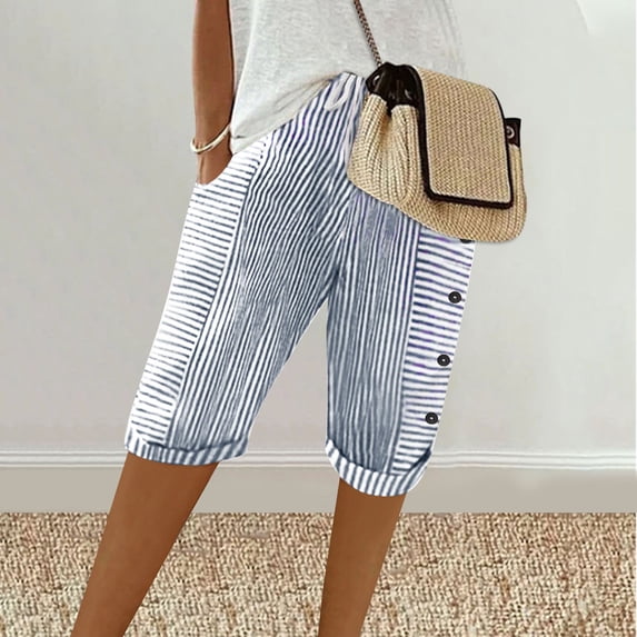 Zorckvet Summer Shorts for Women Knee Length Striped Elastic Waist Fashion Beach Womens Shorts Capri