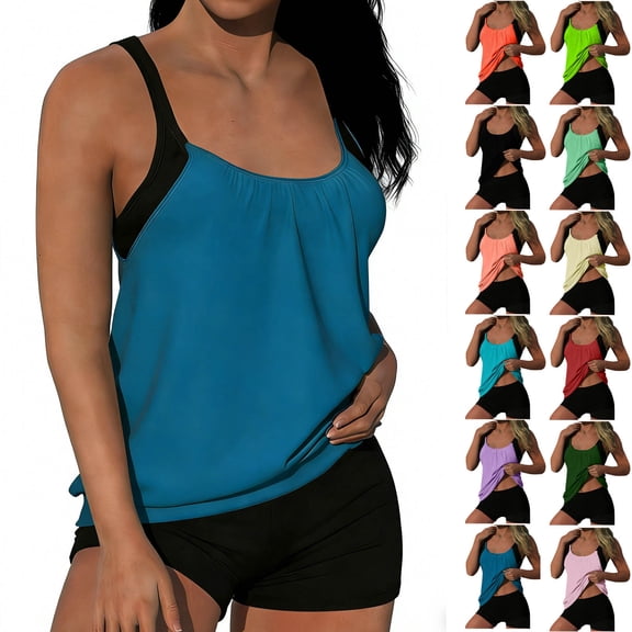 Zorckvet Two Piece Tankini Swimsuits for Women Tummy Control Bathing Suit with Shorts Modest Solid Color Athletic Swimwear