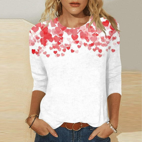 Zorckvet Valentine's Blouses for Women Plus Size Cute Heart Graphic 3/4 Sleeve Tees Dressy Casual Crew Neck Tunic Tops Slim Fit Holiday T Shirts L