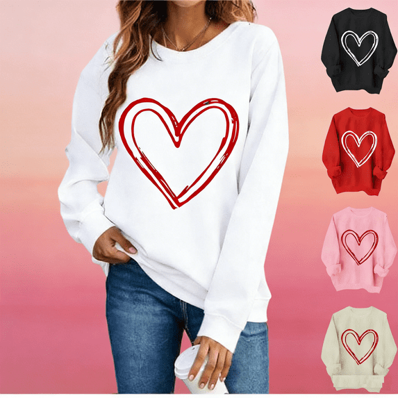 Zorckvet Women Valentine's Day Pullover Sweatshirts Heart Print Sweater Tops Long Sleeve Crewneck Shirts Fashion Loose Blouse Teen Girls Sweatshirt