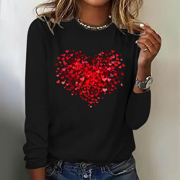 Zorckvet Women Valentine's Day Pullover Tops Heart Print Sweater Blouses Long Sleeve Crewneck Shirts Fashion Loose Blouse Teen Girls Top