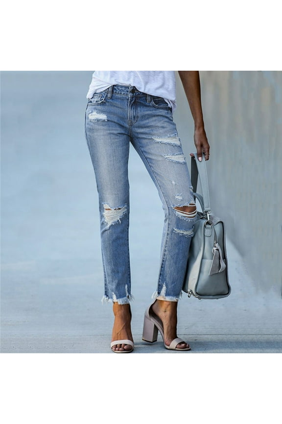 Women's High Waisted Tummy Control Straight Ankle Ripped Jeans