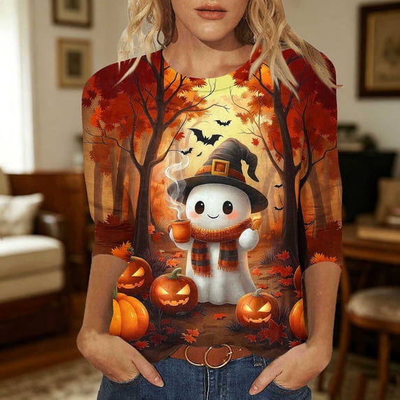 Zorckvet Women's T-Shirt - Ghost Print, 3/4 Sleeve & Crew Neck