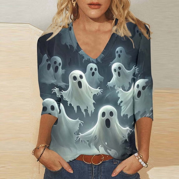 Zorckvet Women's T-Shirt - Ghost Print, 3/4 Sleeve & V-Neck