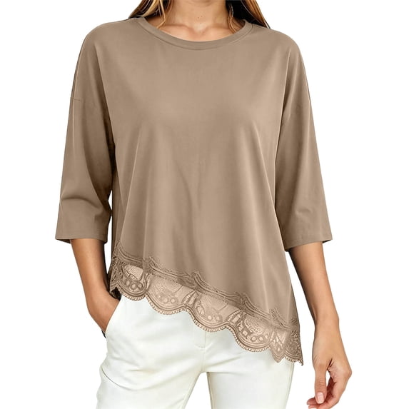Zorckvet Women's T-Shirt - Lace Trim, 3/4 Sleeve & Crew Neck