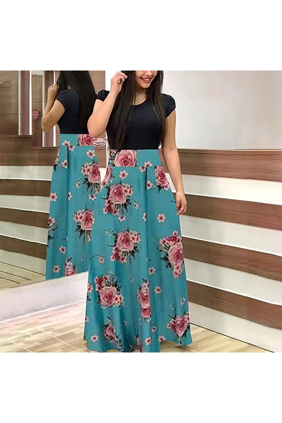 Womens A Line Dresses Maxi Short Sleeve Long Tunic Fashion Dress for Women Crewneck