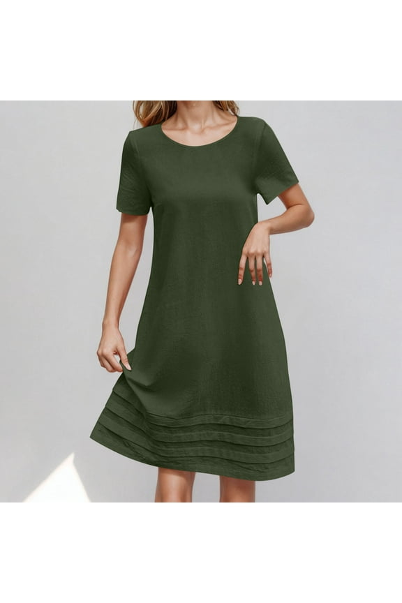Womens Dresses Crewneck Pleated Summer Short Sleeve Linen Cotton Dress for Women Long