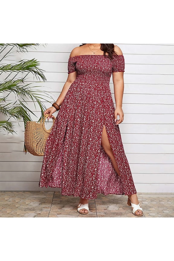 Womens Dresses Flowy off the Shoulder Plus Size Summer A Line Fashion Short Sleeve Dress for Women Long
