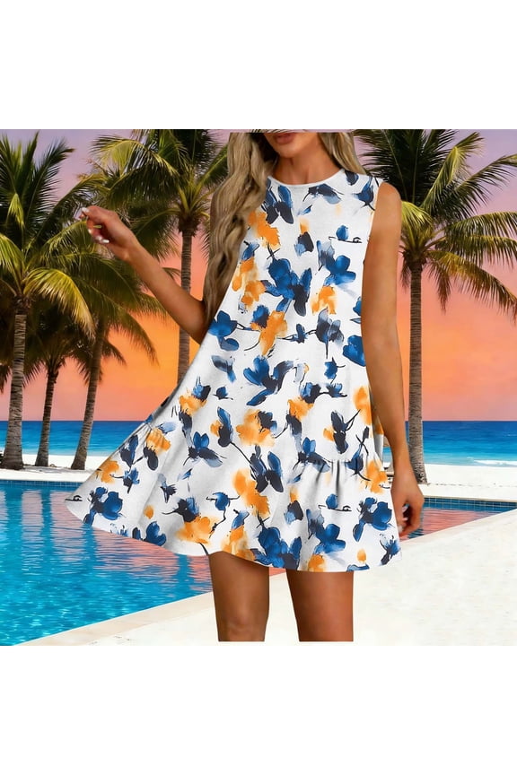 Womens Dresses Sleeveless Summer Sundresses Flowy Boho Crewneck Beach Dress for Women