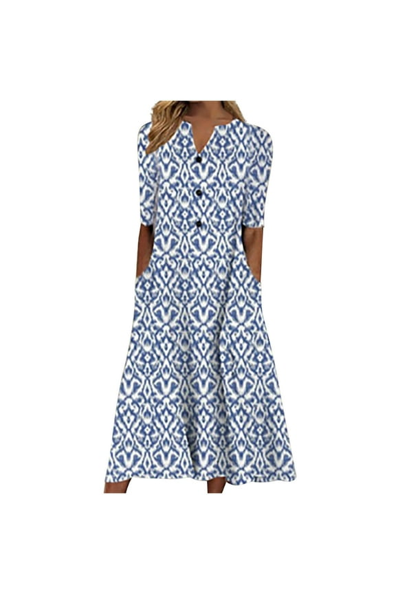 Womens Dressy Dresses with Pockets Flowy V Neck Floral Print Short Sleeve Button Down Dress for Women