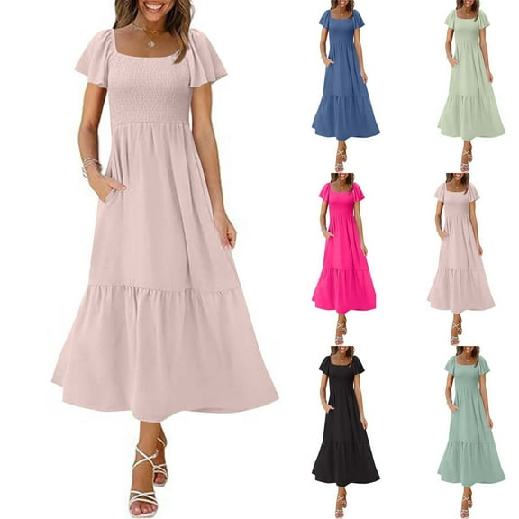 Zorckvet Womens Dressy Maxi Dresses A Line with Pockets Pleated Crewneck Solid Color Short Sleeve Dress for Ladies