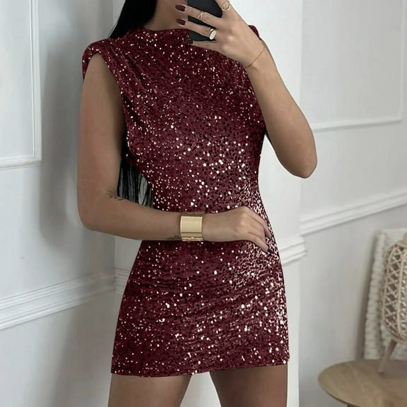 Zorckvet Womens Evening Mini Dresses Casual Sequin Cocktail Fashion Sleeveless Dress for Women Crewneck