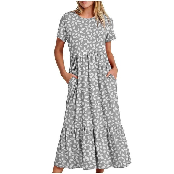 Zorckvet Womens Flowy Dresses A Line Crewneck Summer Floral Print Fashion Short Sleeve Dress for Women Loose