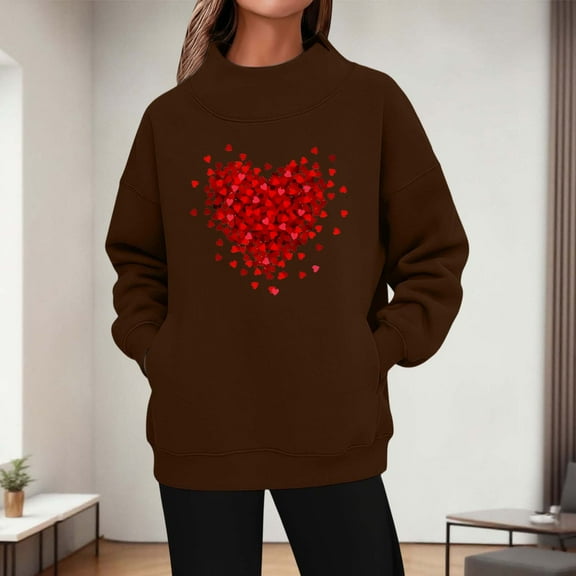 Zorckvet Womens Heart Print Sweatshirts Plus Size Long Sleeve Shirts Casual Valentine's Day Fashion Tops for Women Crewneck