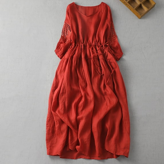 Zorckvet Womens Linen Dresses Casual Cotton Round Neck Fashion Short Sleeve Loose Dress for Women