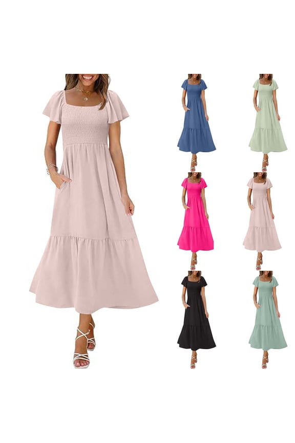 Womens Maxi Dresses Crewneck Casual A Line with Pockets Pleated Fashion Dress for Ladies Solid Color