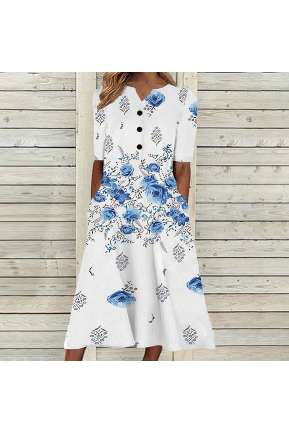 Womens Summer Boho Floral Maxi Dress Button V Neck Loose Casual Beach Vacation Dress with Pockets