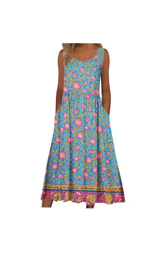 Womens Summer Dresses with Pockets Boho Sundresses Loose Fit Sleeveless Dress for Women Fashion