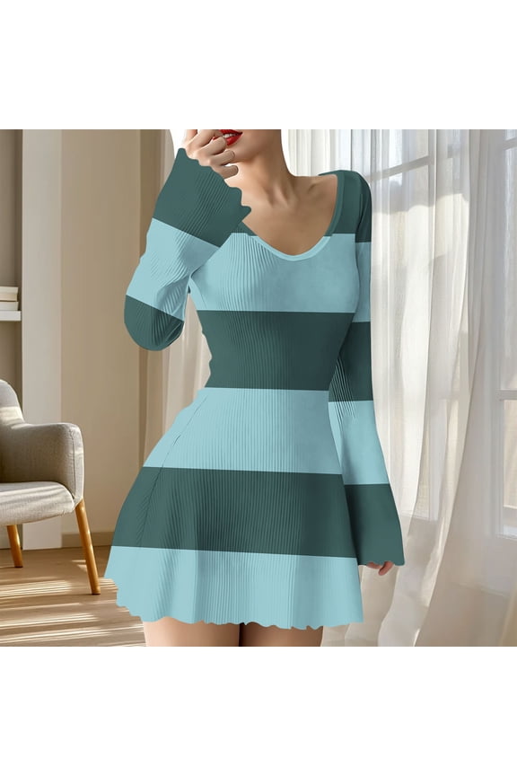 Womens Summer Mini Dresses Flowy Elasticity V Neck Striped Fashion Long Sleeve Dress for Women Soft