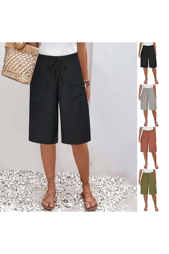 Womens Summer Shorts with Pockets Elastic Waist Beach Bermuda Fashion Knee Length Short for Women