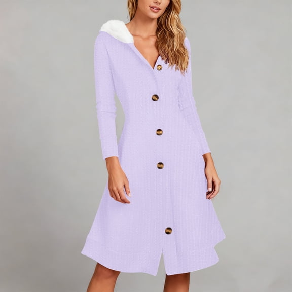 Zorckvet Womens Trendy Dresses V Neck Hooded Solid Color Long Sleeve Open Front Fashion Dress for Women