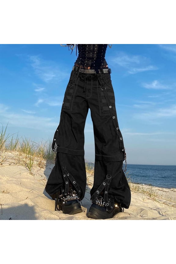 Womens Vintage Pants High Waisted Baggy Bootcut Strap Trendy Gothic Wide Leg Pants