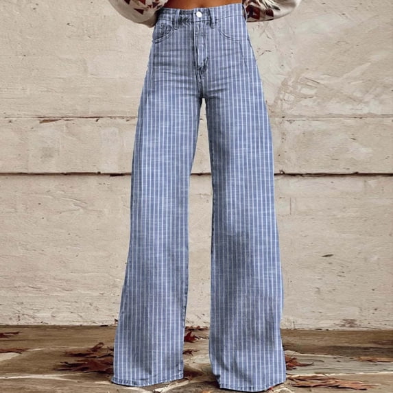 Zorckvet Womens Y2K Striped High Waist Button Wide Leg Casual Pants Bootcut Flare Trousers with Pockets