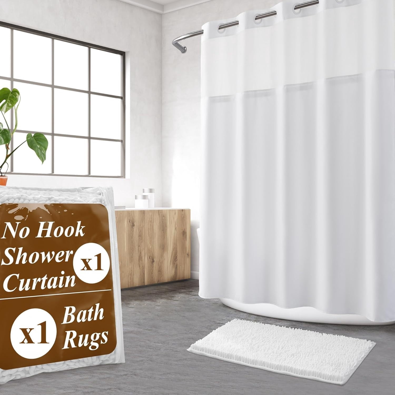 Zordlmo Easy Hang Fabric Shower Curtain with Snap-in Liner and Bath Rug Set, 72" x 74", White