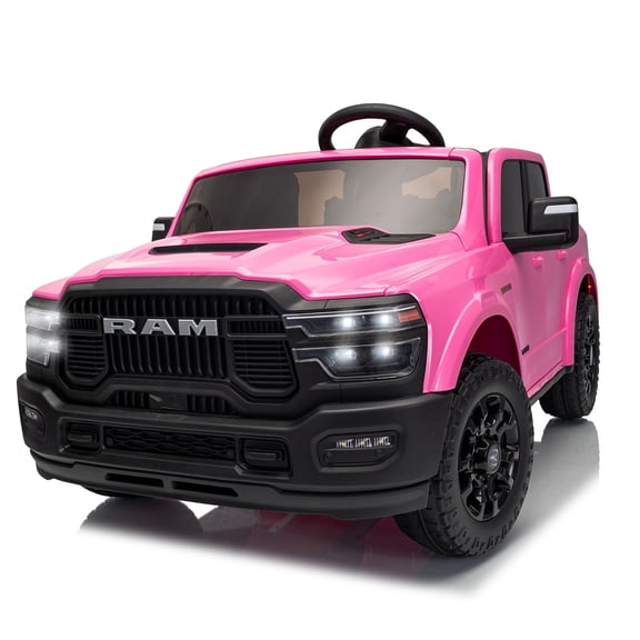 Zoreno SQ7 Licensed RAM 24V 2 Seater Kids Ride On Truck, Electric Car with Parent Remote Control Spring Suspension Seat Belt Storage Box LED Light Music Pink