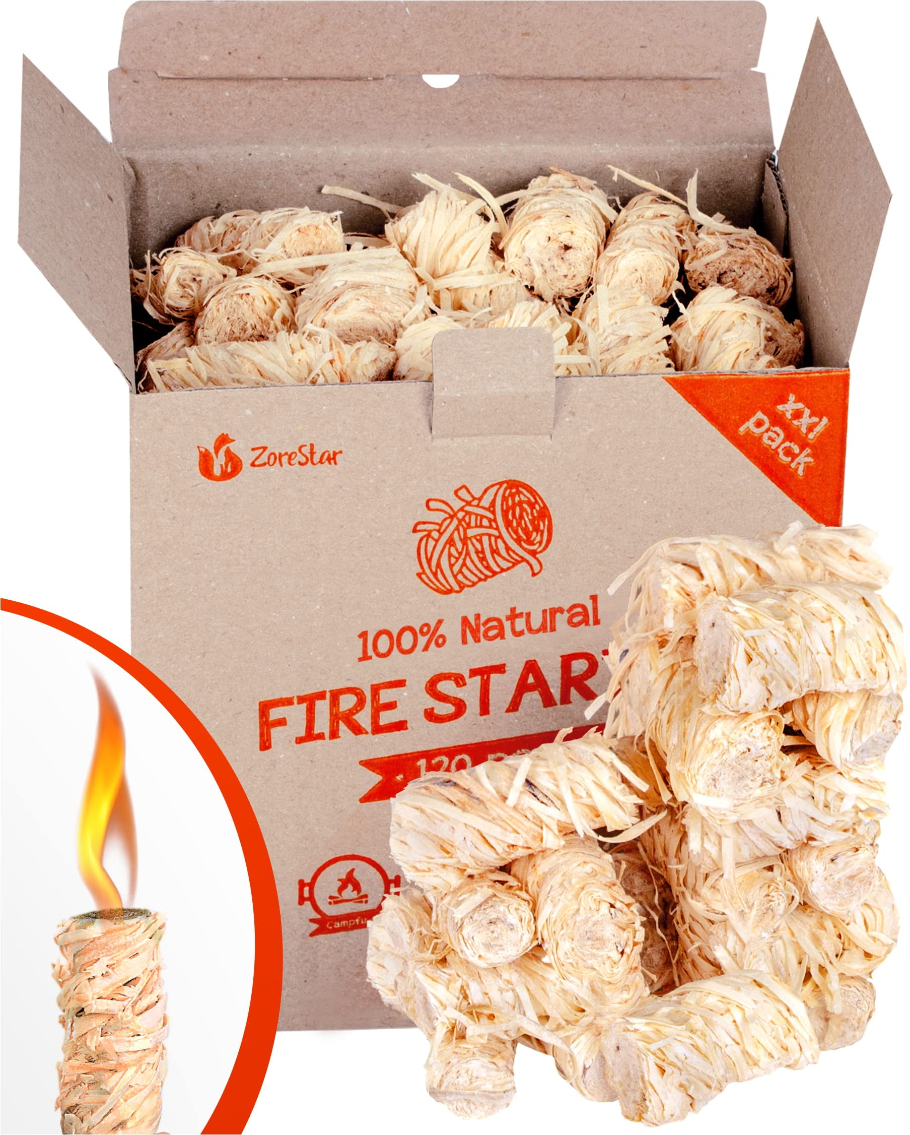 Zorestar Natural Fire Starters 120 pc Wood Firelighters for Indoor